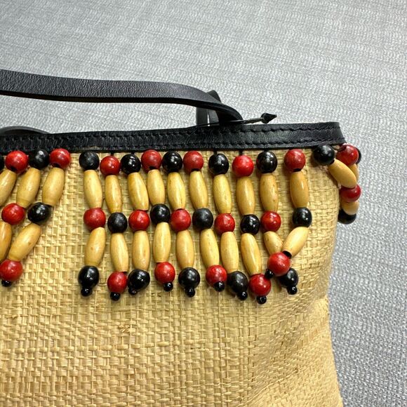 Boho Cole Haan Woven Straw Tote Purse Wooden Beads Beach Vacation Artistic New - Picture 5 of 11